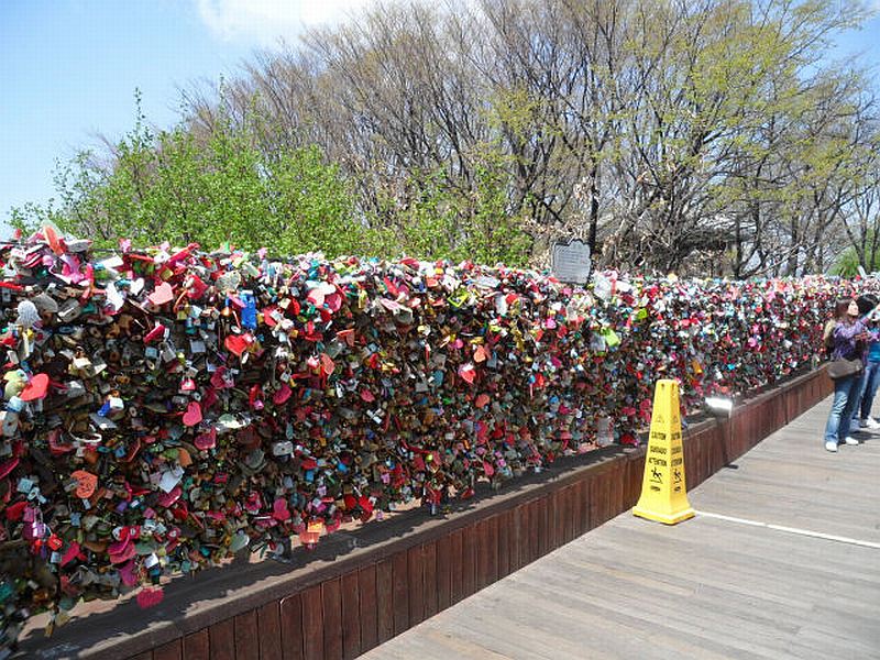 A fence full of locks on Namsan mountain